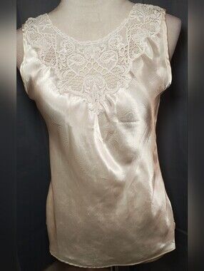 Vintage 80s Cliché Champagne Satin Cami Top w Venetian Lace Detail